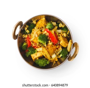 Restaurant Vegan Dish, Tofu Stir Fry In Copper Bowl Isolated On White, Top View. Vegetable Mix. Eastern Indian Local Cuisine Food.