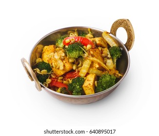 Restaurant Vegan Dish, Tofu Stir Fry In Copper Bowl Isolated On White. Vegetable Mix. Eastern Indian Local Cuisine Food.