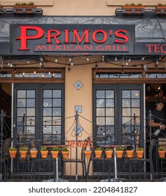 Restaurant View And Sidewalk. Latin American Culture. Building Exterior Of Primo's Mexican Grill Modern Kitchen A Fast Casual Restaurant Located In White Rock BC Canada-September 15,2022-Travel Photo