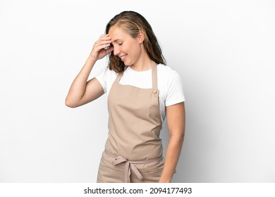 Restaurant Waiter Caucasian Woman Isolated On White Background Laughing