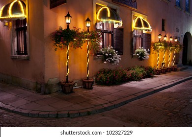 Restaurant In Warsaw In Old Town At Night