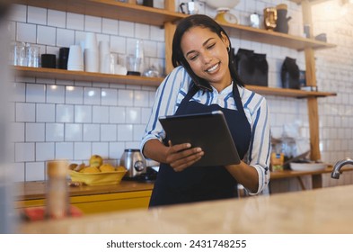 Restaurant worker on tablet, phone call and making food payment, delivery or crm conversation with a customer. Business owner or manager of fast food store, coffee shop or cafe shopping for supplies