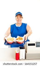 Restaurant Worker Serving Two Fast Food  Meals With A Smile.  Isolated On White.  