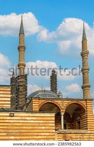 Restauration of Sultan Selim mosque with several minaret towers and dome in Edirne Turkey