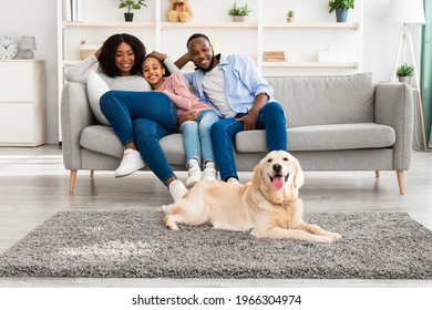 Resting At Home Concept. Portrait Of Happy Black Family Relaxing, Hugging And Sitting On The Sofa, Looking At Their Pet. Golden Retriever Lying On The Gray Floor Carpet In Living Room