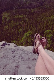 Resting Legs Within Mountain Running Trail. Hiker Watching Hilly Landscape Over Own Hairy Legs.