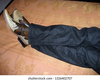 Resting Man. Jeans And Cool Leather Shoes.