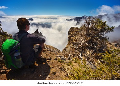 Resting man watching a landscape in the volcanic crater Caldera de Taburiente, Island of La Palma, Canary Islands, Spain
