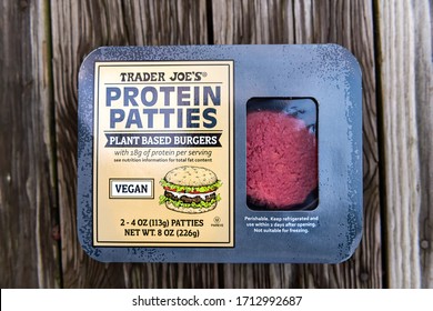 Reston, USA - January 25, 2020: Trader Joe's Private Label Protein Patties Sign Of Plant-based Vegan Burgers Closeup