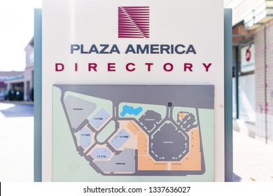 Reston, USA - November 28, 2018: Plaza America Shopping Mall Sign Closeup On Sidewalk Street Road During Day With Map Information For Stores Shops In Northern Virginia