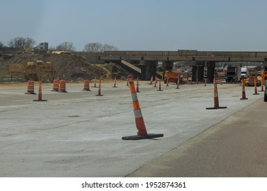 Restoration Large Road Construction Site In The Renovation Bridge Of A Modern Road Interchange In USA