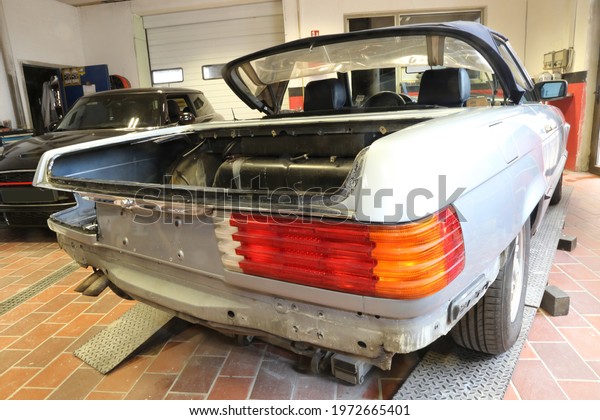 Restoration of a Mercedes 380 SL in a car\
paint shop (Kaiserslautern Germany, May 11,\
2021)