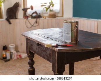 Restoration Of Of Old Wooden Table. Repair Of Furniture.