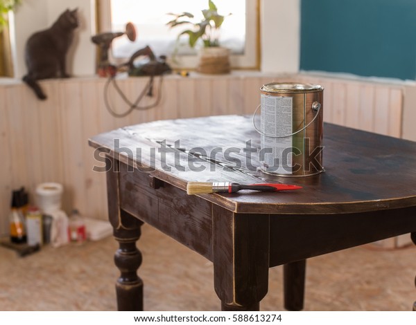 Restoration Old Wooden Table Repair Furniture Stock Photo Edit