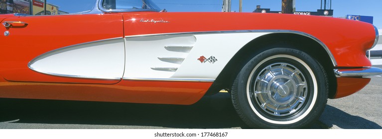 Restored red 1959 Corvette, fender close-up, Portland, Oregon