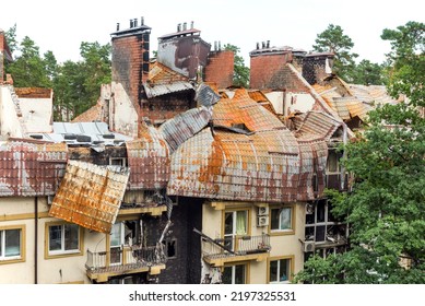 As A Result Of Massive Shelling, The House And Roof Were Damaged By Fire. The Building Is Not Subject To Restoration. Russia's War Against Ukraine.