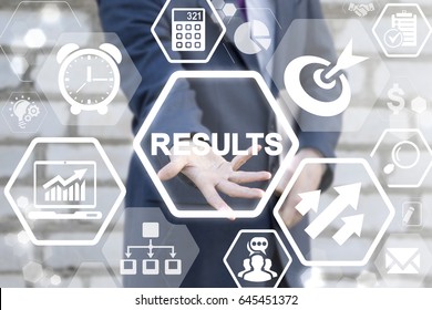 Results - Business Growing Concept Presentation. Analytical Team Work With Financial Result. Conceptual Office Life. Outcome And Summary. Businessman Offers Results Icon On Virtual Screen.