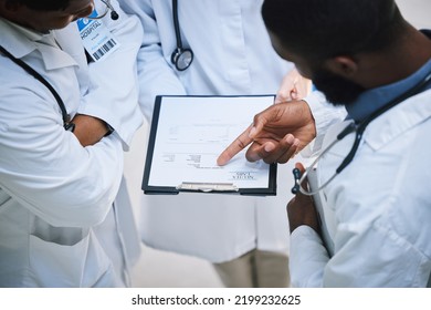 Results, Clipboard And Hand Of Doctor Team With Patient Lab Test, Information Or Medical Study Innovation Research. Medicine Worker Consulting Healthcare Employee In Work, Clinic Or Hospital Meeting