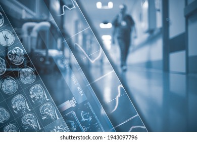 Results Of Medical Examination On The Background Of Blurry Hospital Hallway And Walking Figure Of A Medical Doctor. Concept Of The Hospital Emergency.