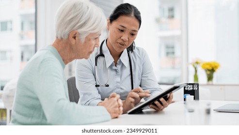 Results, tablet and senior woman with doctor talking about healthcare data, report or communication in elderly care or consultation. Patient, nurse and advice in meeting with medical worker or expert - Powered by Shutterstock