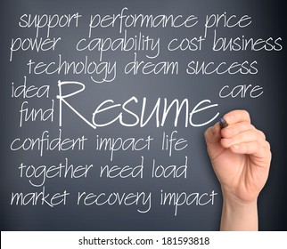 Resume Word Cloud Handwritten On Pale Blue Background