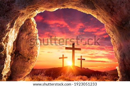Resurrection Concept - Empty Tomb With Three Crosses On Hill At Sunrise