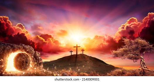 Resurrection - Crosses And Empty Tomb With Crucifixion At Sunrise - Abstract Defocused Lights - Shutterstock ID 2140009001