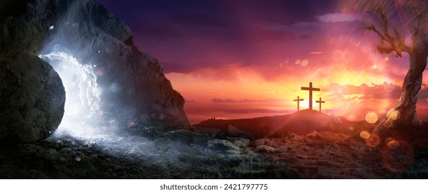 Resurrection - Crosses On Hill And Empty Tomb With Bright Light At Sunset - Abstract Glittering In The Cave And Abstract Flare Effects In The Sky