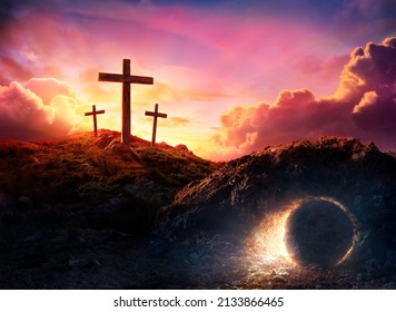 Resurrection - Crosses And Tomb Empty With Crucifixion At Sunrise And Abstract Defocused Lights - No Illustration No rendering 3d - Shutterstock ID 2133866465