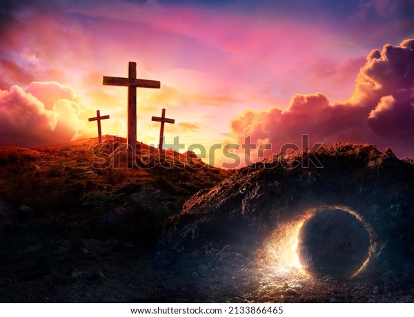 Resurrection - Crosses And Tomb Empty With Crucifixion\
At Sunrise And Abstract Defocused Lights - No Illustration No\
rendering 3d
