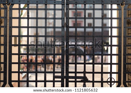 Resurrection Gate on Red Square in Moscow in the early morning. Metal fence gate