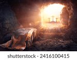 Resurrection Of Jesus Christ - Empty Tomb -  Focus On Shroud With Defocused Crosses On Background - flare Effects and Bokeh Lights