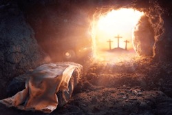 Resurrection Of Jesus Christ - Empty Tomb -  Focus On Shroud With Defocused Crosses On Background - Flare Effects And Bokeh Lights