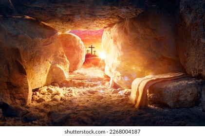 Resurrection Of Jesus Christ - Tomb Empty With Shroud And Crucifixion At Sunrise With Abstract Magic Lights - Shutterstock ID 2268004187