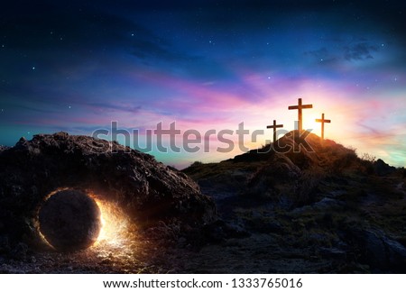 Resurrection - Tomb Empty With Crucifixion At Sunrise
