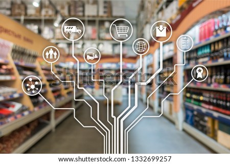 Retail concept marketing channels E-commerce Shopping automation on blurred supermarket background.