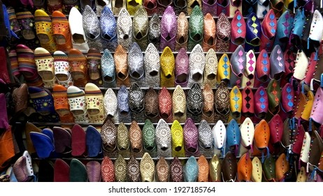 Retail Display Of Colorful Shoes At The Main Market In Marrakech, Morroco