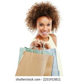 Retail, portrait and deal or sale for black woman happy for a giveaway isolated against a studio white background. Excited, shopping and joyful female buyer or customer holding bags - Shutterstock ID 2251915811