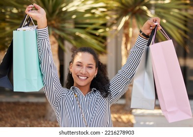 Retail, Portrait And Happy Woman Shopping For Fashion Sales Deals, Clothes Promotion And Clothing Deals Outdoors. Smile, Happiness And Excited Young Customer With Bags From A Fancy Boutique Store