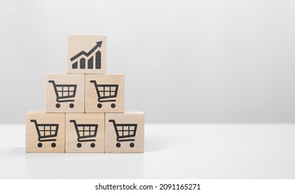 Retail Sales Growth. Sales Volume Increase, Business Growth Or Increase Profit Concept. Cube With Icon Growing Graph And Shopping Cart Symbol. Sale Volume Increase Make Business Grow.