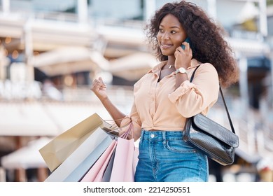 Retail Shopping Bag, Phone Call And Black Woman In City Feeling Happy With Shopping Experience. Fashion, Sale And Retail Store Purchase Of Female From Nigeria On 5g Mobile, Talking And Smile Outdoors