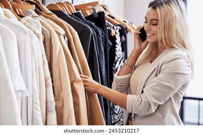 Retail store, woman and phone call to check stock for customer, inspection or delivery of clothes. Female person, fashion designer and smartphone inventory for orders, plan or webshop with tech - Powered by Shutterstock