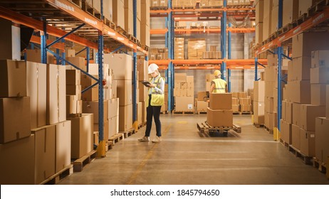 Retail Warehouse Full Of Shelves With Goods In Cardboard Boxes, Workers Scan And Sort Packages, Move Inventory With Pallet Trucks And Forklifts. Product Distribution Logistics Center