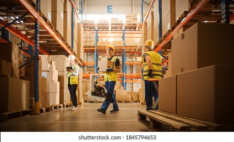 Retail Warehouse full of Shelves with Goods in Cardboard Boxes, Workers Scan and Sort Packages, Move Inventory with Pallet Trucks and Forklifts. Product Distribution Logistics Center. - Powered by Shutterstock