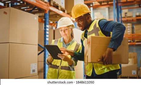 Retail Warehouse full of Shelves with Goods in Cardboard Boxes, Male and Female Supervisors Use Digital Tablet and Discuss Product Delivery. Forklift Working in Logistics Storehouse - Powered by Shutterstock