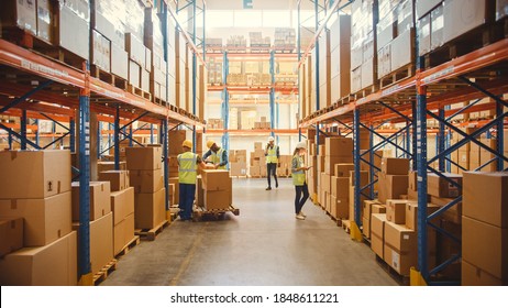 Retail Warehouse full of Shelves with Goods in Cardboard Boxes, Workers Scan and Sort Packages, Move Inventory with Pallet Trucks and Forklifts. Product Distribution Delivery Center.