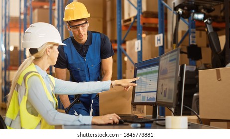 In Retail Warehouse Manager Uses Computer with Inventory Checking Software, Talks with Storehouse Worker about Package Delivery. International Distribution Center with Shelves Full of Products - Powered by Shutterstock