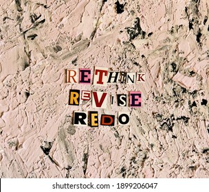 Rethink, Revise, Redo Words From Cut Paper Letters. Noise Effect