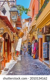 Rethymno, Crete Island, Greece - April 26, 2018: Shopping Street With Souvenir Shops In Rethymno Town