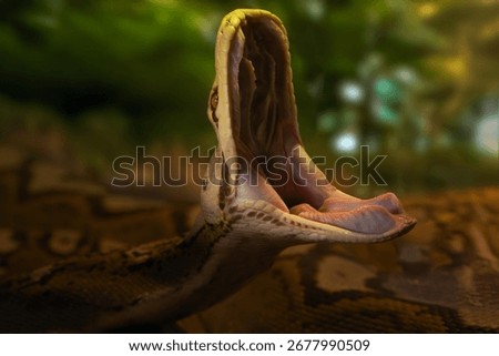 The reticulated python (Malayopython reticulatus), a large snake with its mouth open and a green background. Typical pose of a snake yawning.